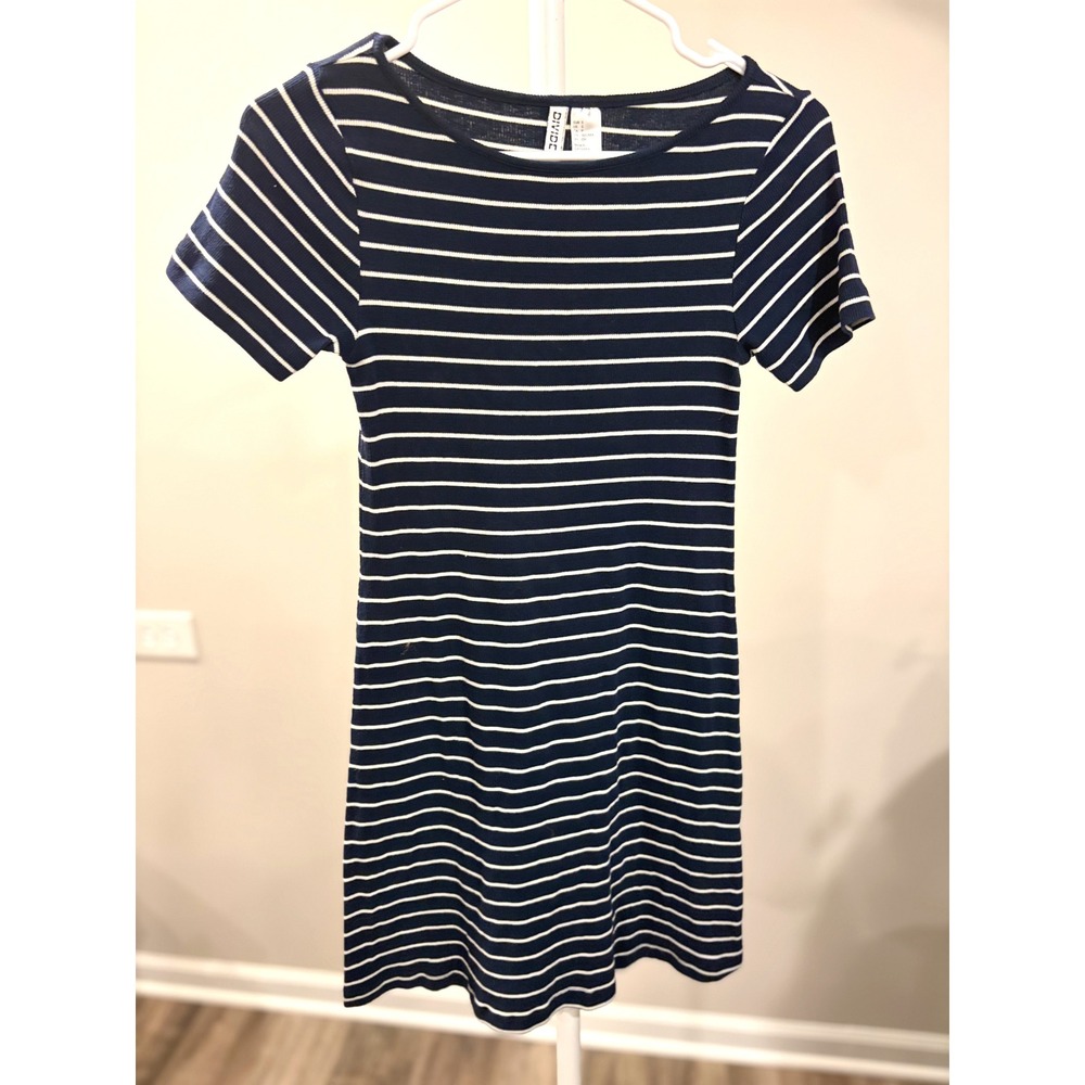 Nautical Yacht Ribbed Knit Bodycon T-Shirt Mini Dress Navy White Small Summer